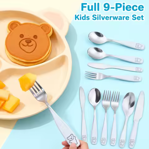 9Pcs Kids Silverware Set 410 Stainless Steel Kids Fork Spoon and Cutter Set Safe Ergonomic Toddler U