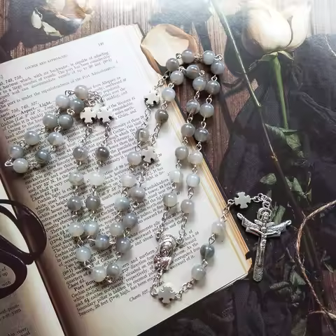 QIGO Vintage Gray Acrylic Cross Rosary Necklace Long Pendant For Men Women Religious Pray Jewelry