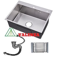 Chậu rửa chén bát inox 1 hố Valenza 6045, kèm rá rau củ, bộ xi phong ống xả chậu