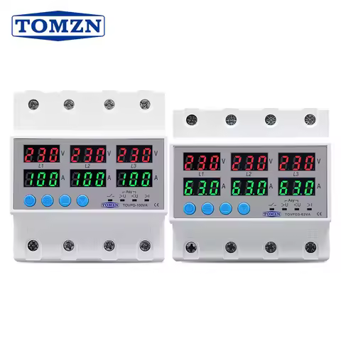 TOMZN Three Phase 3P+N Adjustable Over and Under Voltage Protector Over Current Protection Automatic