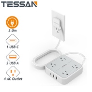 TESSAN Flat Cord Extension 1.5M/3.0M/4.5M Type C Adapter Power Strip with USB-C 2/3/4 Way Extension