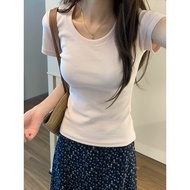 shirt woman women t shirt Women's Pure Cotton U-Neck Short Sleeve T-Shirt - High Waist Slim Fit