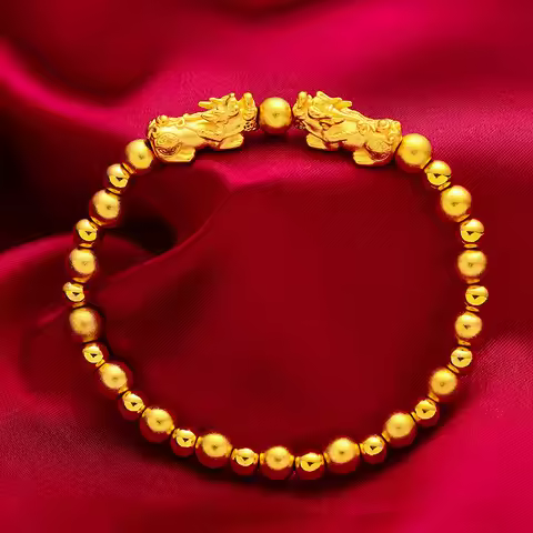 24K Gold AU999 New Women's Pixiu Wealth Bracelet - 3D Pixiu Coin-Biting Bead + Polished Chain, Luxur
