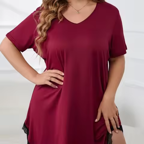 Charming Lace Women's Plus Size Soft Cotton Nightgown, Crew Neck Short Sleeve & Loose Fit, Breathabl