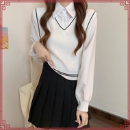 SA3017 -M'SIA Ready Stock Long Sleeve Knitted Material Women Top 港味chic假两件短款长袖衬衫针织上衣
