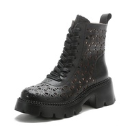 XY【First Layer Cowhide】New Platform Hollow-out Dr. Martens Boots Genuine Leather Retro Fashion Drilled Boots Zipper Lace