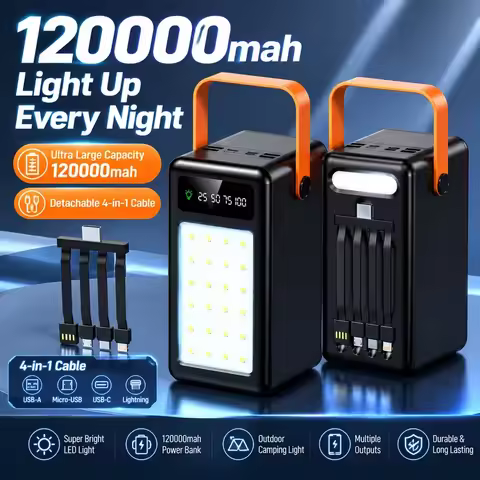 120000mAh Large Capacity Outdoor Power Bank with Built in Four Cables and Camping Light Portable Mob