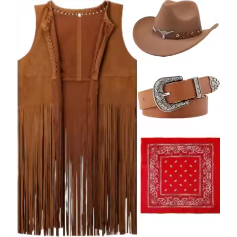 Halloween Western Outfit for Women Cowgirl Costume Accessories Cowboy Hat Tassel Vest Cowboy Belt an