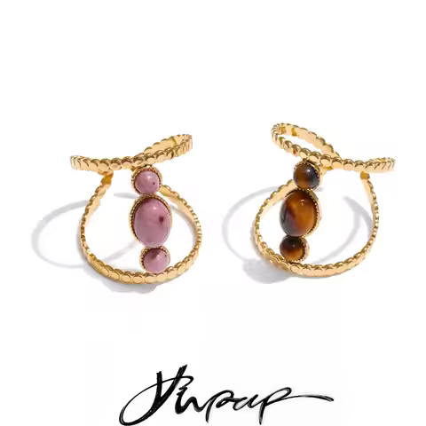 Yhpup Natural Rhodochrosite Tiger Stone Adjustable Minimalist Ring Golden Stainless Steel Fashion Je