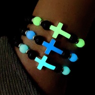 Unisex Luminous Cross Bracelet Black Lava Rock Glow In Dark Beaded Stretch Wrist Bracelet﻿