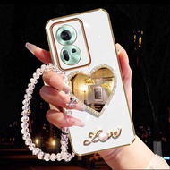 Phone Case for OPPO Reno11 Pro 5G Reno 11 11Pro Reno11Pro Global Version Smartphone Casing Rhinestone Fashionable with 3D Love Mirror + Pearl Bracelet Softcase for Girls Cover