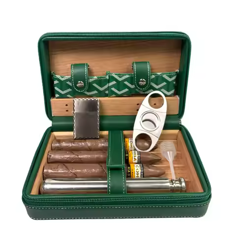 Spanish Cedar Cigar Travel Case - Leather Wrapped Portable Humidor for 3-5 Cigars