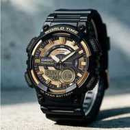 Casio Men's Analog-Digital Watch Black Gold Resin Band 10-Year Battery 100M Waterproof World Time Sp