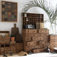 日式侘寂風格 作舊原木色 六抽屜收納櫃 復古置物架 分類桌面收納