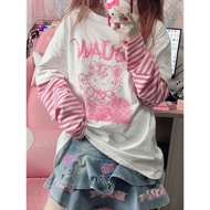 Women Subculture Kitty Print T-shirt Student Y2K Strip Sleeve Long Sleeves Top