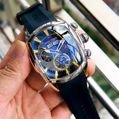 Reef Tiger 316L Stainless Steel Wine Barrel Automatic Watch Fashion Mulitfunction Tourbillon Mechani