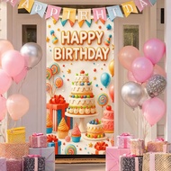 Happy Birthday Door Cover Cakes Cupcakes Gifts 71x35 Inch for Front Door Birthday Porch Banner Party