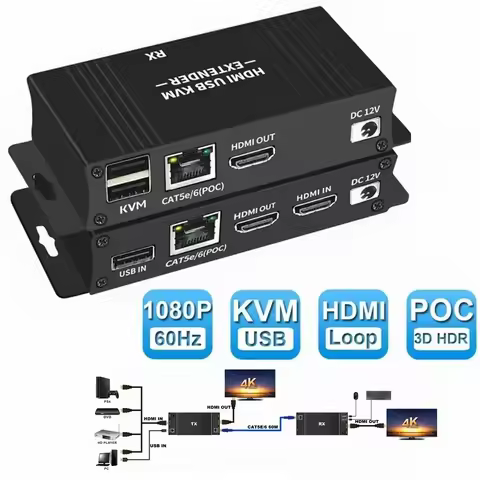 60M HDMI KVM Extender HDMI Extender with USB KVM Control RJ45 60m over IP Cat6 POC Mouse Transmitter