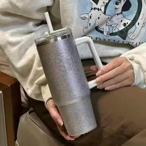 Silver Glitter Starbucks 900ml Thermal Straw Mug, Comfort Wide Handle Spill Proof Insulated Tumbler,