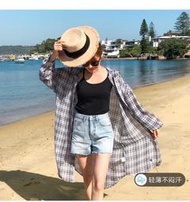 韓版新款連帽加長輕薄微透雪紡格子襯衫外套中大碼罩衫女帶帽格子長版襯衫