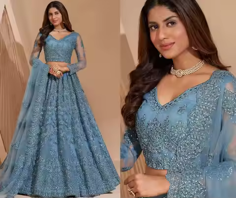 Lehenga Choli Prom Formal Dresses with Warp Pale Sky Blue Embroidered lengha Indian Princess Long Sl
