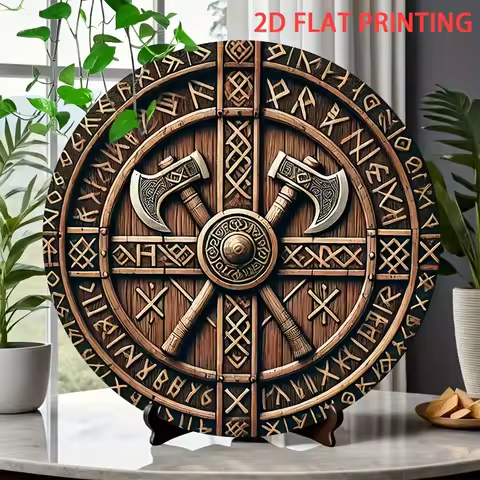 2D Flat, 2D Flat Viking Shield Wall Decor - Round Wrought Iron Viking Helmet Design with Axes & Rune