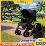 Beige Stroller baby Foldable Can Sit And Lie Two-Way Compact Stroller Basket with Adjustable Lightwe