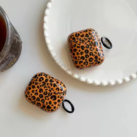 Retro Advanced Brown Black Leopard Print Hook Earphone Case Cover for AirPods 1 or 2 3 4 Pro 2 Pro 3