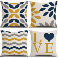 [Single Side] Geometric Abstract Linen Cushion Cover | Dark Blue Yellow Love Heart Pattern | Hidden 