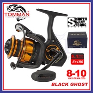 (Maxdrag 8kg-10kg) Tomman Black Ghost Spinning Fishing Reel Mesin Pancing Ikan 5+1BB Handle Screw In