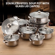 Stainless Steel Cookware Set Glass Lid 16pcs Pot High-Quality Kitchen Rice Soup Periuk Masak Penutup Kaca Dapur Nasi