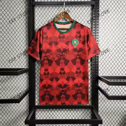 Morocco National Team 2023-2024 Home Football Jersey Red Pattern T-Short Sleeve Breathable Fan Jerse