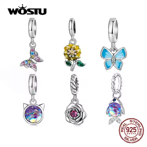 WOSTU Fashion Sunflower Charms Beads Real 925 Sterling Silver Butterfly Rose Pendent Fit Original DI