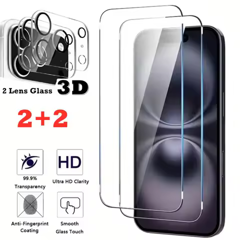 2+2 4in1 Clear Glass Screen Protector+ Black Circle Lens Protector Cover for iPhone 13 mini 14 15 16