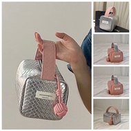THOMA SilverPink Color Woven PU Handbag Cosmetic Bag Fashion Design Hand-held Small Bag Durable Large Capacity Square Pillow Bag Travel