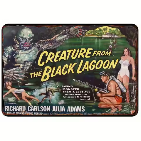 Vintage Creature From the Black Lagoon Metal Tin Sign - Retro Iron Wall Art with Pre-Drilled Holes,