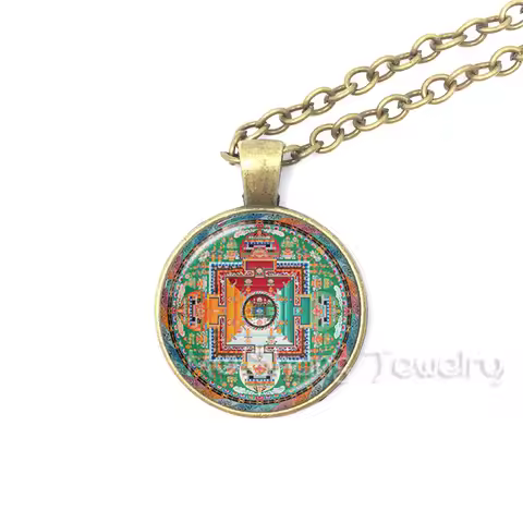 Antique Bronze Plated Necklace Tibetan Buddhist Mandala Glass Dome Pendant Spiritual Sri Yantra Chok