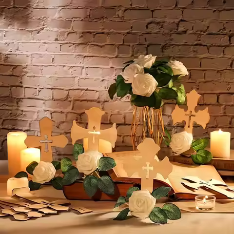 Wooden Crosses with Artificial Roses Standing Crosses with Bases, Baptism Centerpieces, Wedding Part