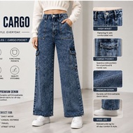 Plaju Cargo Six pocket Wide Leg Seluar Jeans Perempuan Acid Wash Cargo Premium Quality