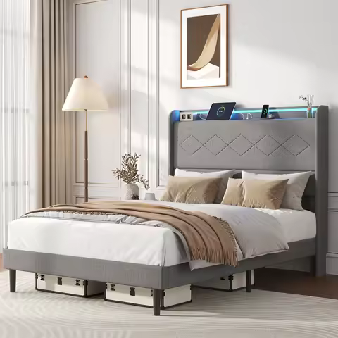 JHK Queen Size Upholstered Bed Frame with Adjustable Headboard 3 USB Charging Ports and LED Light St