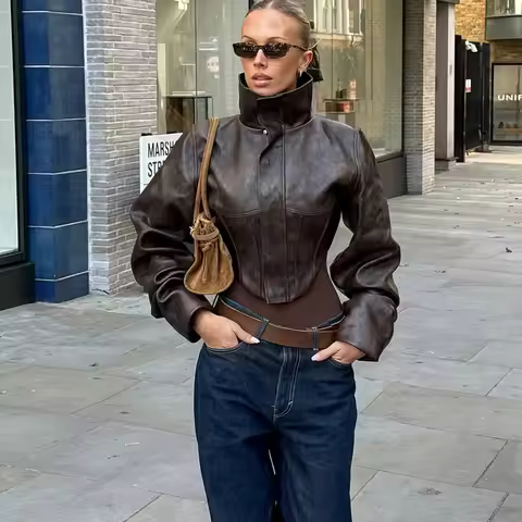 Women Fashion Slim Asymmetrical PU Leather Jackets Stand Collar Long Sleeve Zip-up Single Breasted S