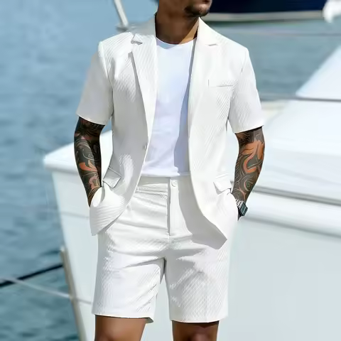 Men Suit Set Summer British Style Solid Color Short Sleeve Male Outfit Slim Breathable Business Wedd