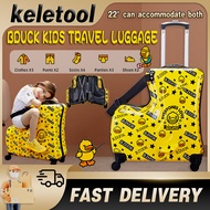 kids luggage BDUCK 20/22Inch Kids Travel Luggage Support Sit And Ride On Children Baby Luggage Bagasi Kanak-Kanak 4D Modern Cute Seat Suitcase Trolley Student Bagasi儿童木马旅行箱 Ride On Luggage Cartoon