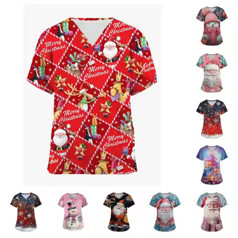 Women Nurse Uniform Christmas Thanksgiving 3d Print V-Neck Pocket Medical Uniforms Cartoon Nursing S