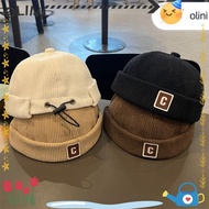 OLINI Kids Docker Cap, C Letter Solid Color Brimless Hat, Vintage Warm Fabric Corduroy Adjustable De