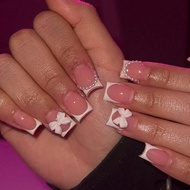 24PCS Short Square Nail Patch Cute Style White Thin Edge French Three-Dimensional White Pearl Drill 