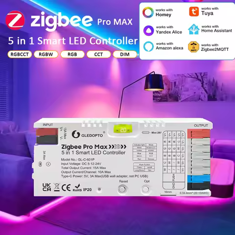 GL-C-601P ZigBee 3.0 Pro Max LED Controller 5in1 Max 15A Pluggable Fuse App Voice for RGBCCT RGBW RG