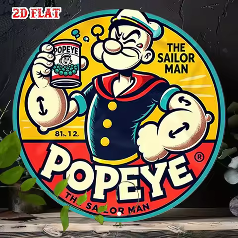Vintage "Popeye the Sailor Man" Retro Cartoon Design with Vibrant Finish & 2D Flat Style Round Metal
