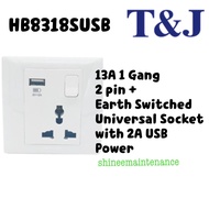 T&J Switch Socket Outlet with USB 2A 1 Gang HB8318SUSB