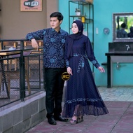 gamis kombinasi 5840 couple gamis batik kombinasi tille navy - kemeja batik xxl